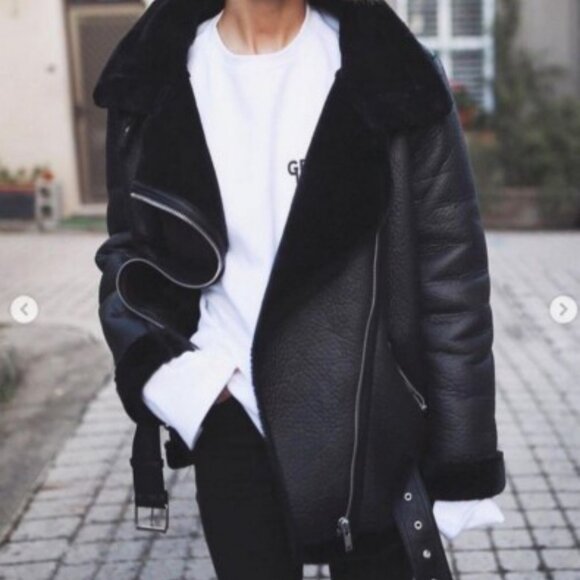 ZARA Black Faux Leather Double Faced Shearling Biker Jacket XL - Picture 4 of 4